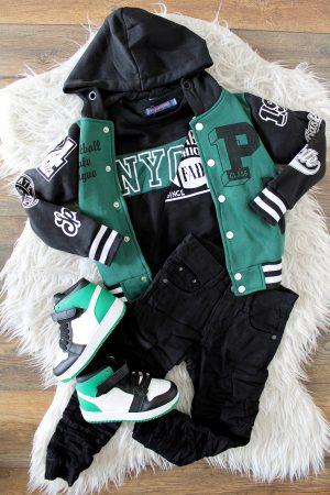 Sweater NY zwart, Sneakers Groen Wit Zwart, Bombervestje Baseball groen zwart, broek cargo jeans zwart