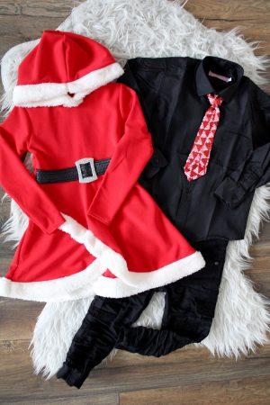 Blouse zwart, Stropdas Pailletten rood wit, Jurkje Santa Girl Xmas limited rood
