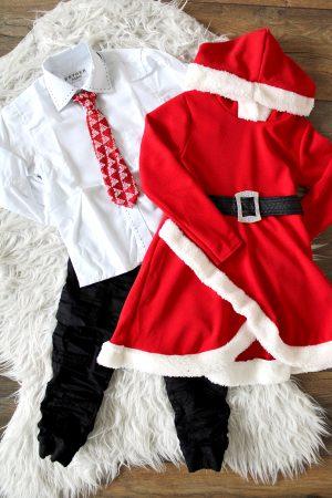 Blouse wit zwart, Stropdas Pailletten rood wit, Jurkje Santa Girl Xmas limited rood