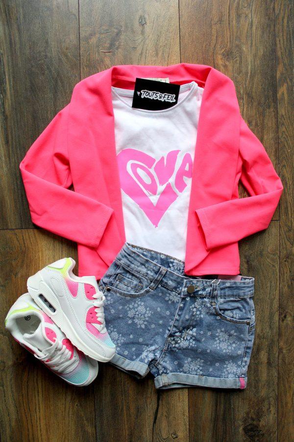 Sneakers Magic Rainbow wit roze, blazer pink flash, broekje flower denim blauw, shirtje love wit