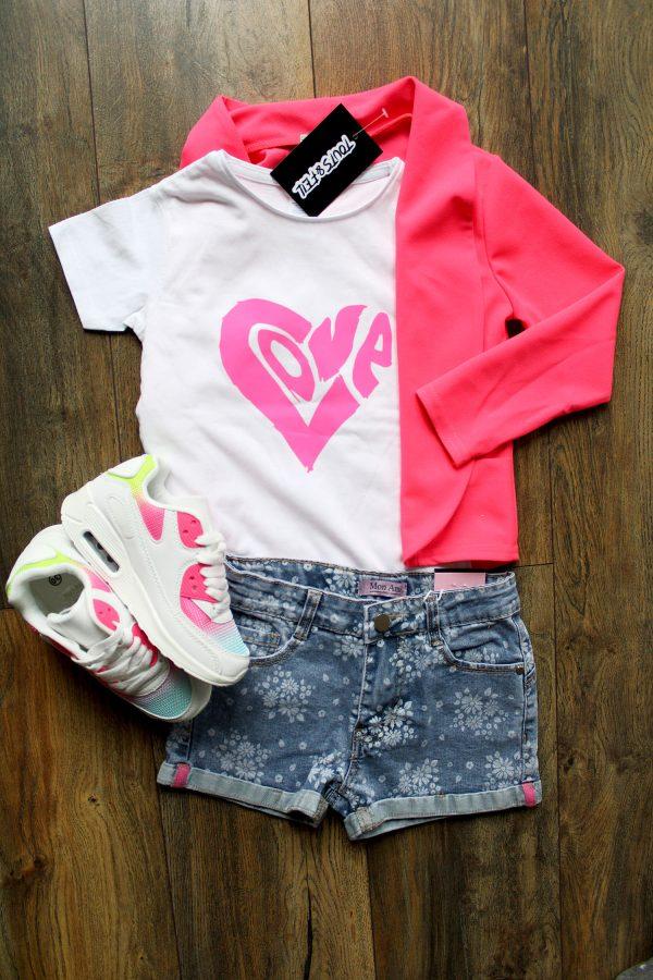 Sneakers Magic Rainbow wit roze, blazer pink flash, broekje flower denim blauw, shirtje love wit