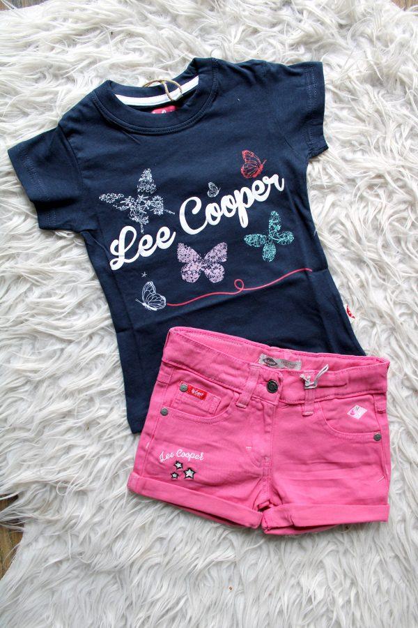 Broekje Lee Cooper denim roze, shirtje Lee Cooper vlinders blauw