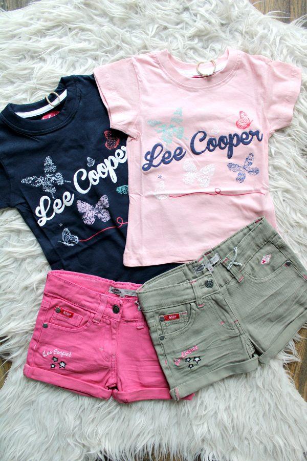 Broekje Lee Cooper denim roze, shirtje Lee Cooper vlinders blauw, Broekje Lee Cooper denim groen, shirtje Lee Cooper vlinders roze,