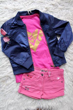 Bomberjasje Bloem blauw, broekje lee cooper denim roze, Shirtje T-Shirt Love fuchsia