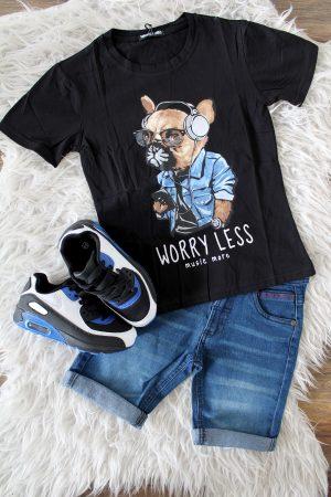 Shirtje Worry less zwart, broekje lee cooper denim blauw, sneakers zwart wit blauw