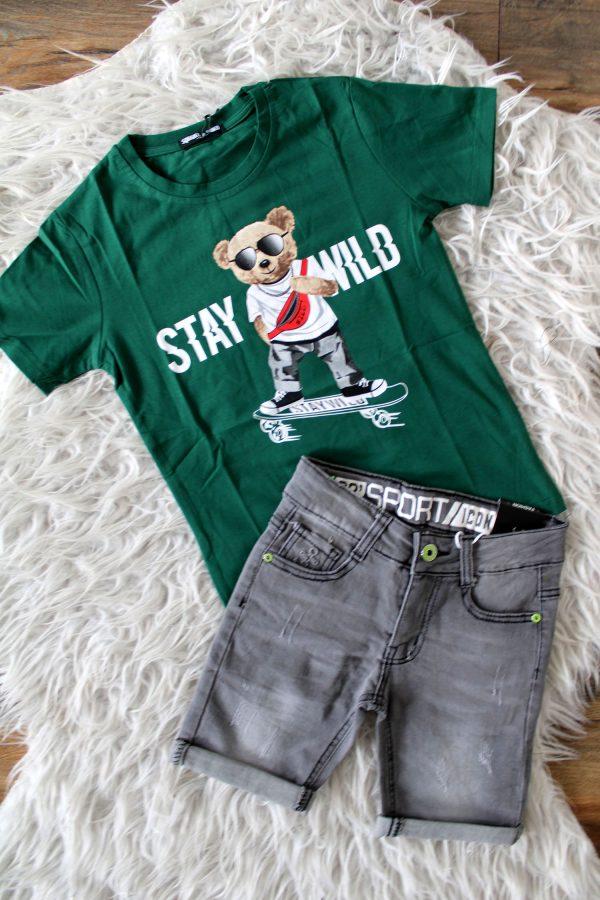 Shirtje stay wild groen, broekje boys denim grijs