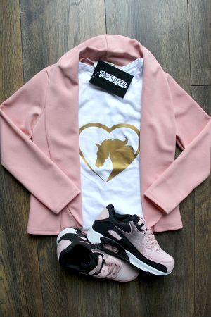 Shirtje T-Shirt Lovehorse gold wit, blazer roze, sneakers pinkwow zwart roze