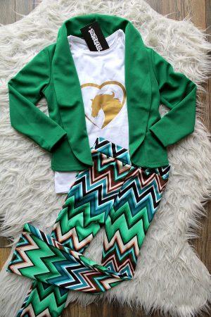 Broekje Flair Zigzag groen, blazer funkie groen, shirtje lovehorse gold wit