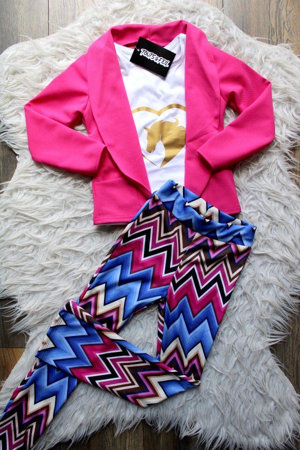 Broekje Flair Zigzag blauw, blazer fuchsia glow, shirtje lovehorse gold wit