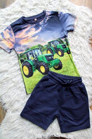 Shirtje groene tractoren, broekje short blauw