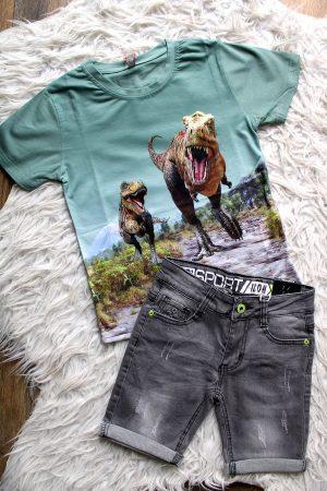 Shirtje Dino T-Rex groen, broekje chico denim grijs