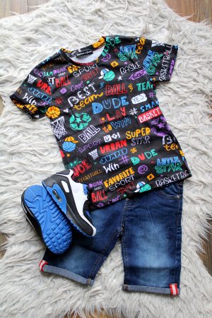 Broekje Boys Lee Cooper donker blauw kort, , sneaker zwart wit blauw, shirtje multicolour zwart