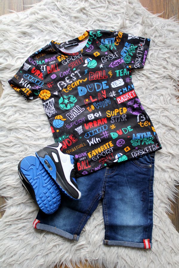 Broekje Boys Lee Cooper donker blauw kort, , sneaker zwart wit blauw, shirtje multicolour zwart