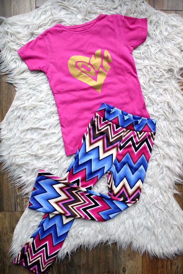 broekje flair zigzag roze blauw, shirtje fuchsia love