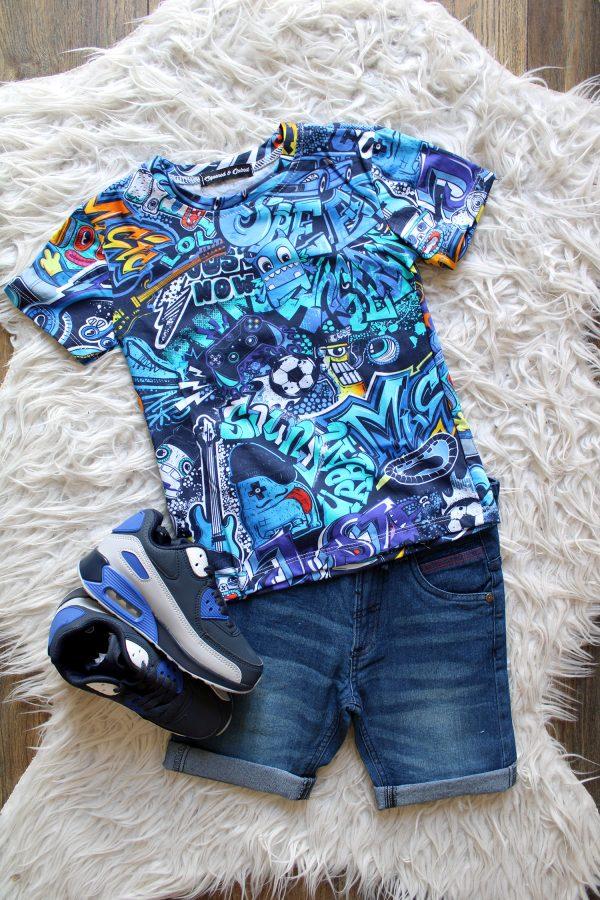 broekje lee cooper denim blauw, shirtje graffiti blauw, sneakers coolboy blauw