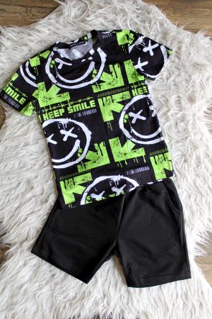 Shirtje Keep Smiling groen zwart, broekje short zwart