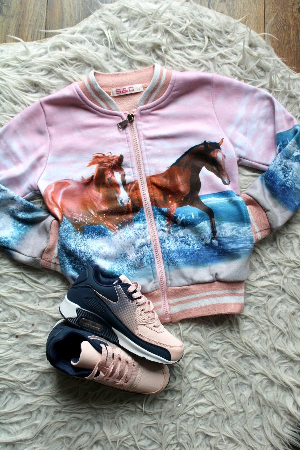 Sneakers pinkwow roze blauw, bombervestje paard roze