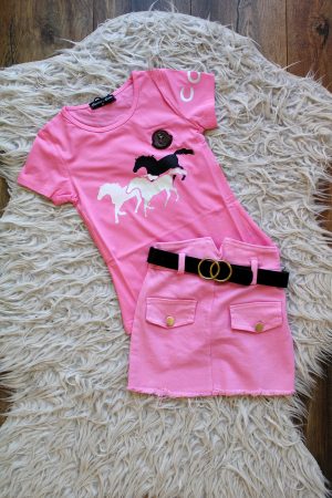 Rokje spijkerstof lichtroze, vestje paardjes blauw limited, shirtje paarden roze